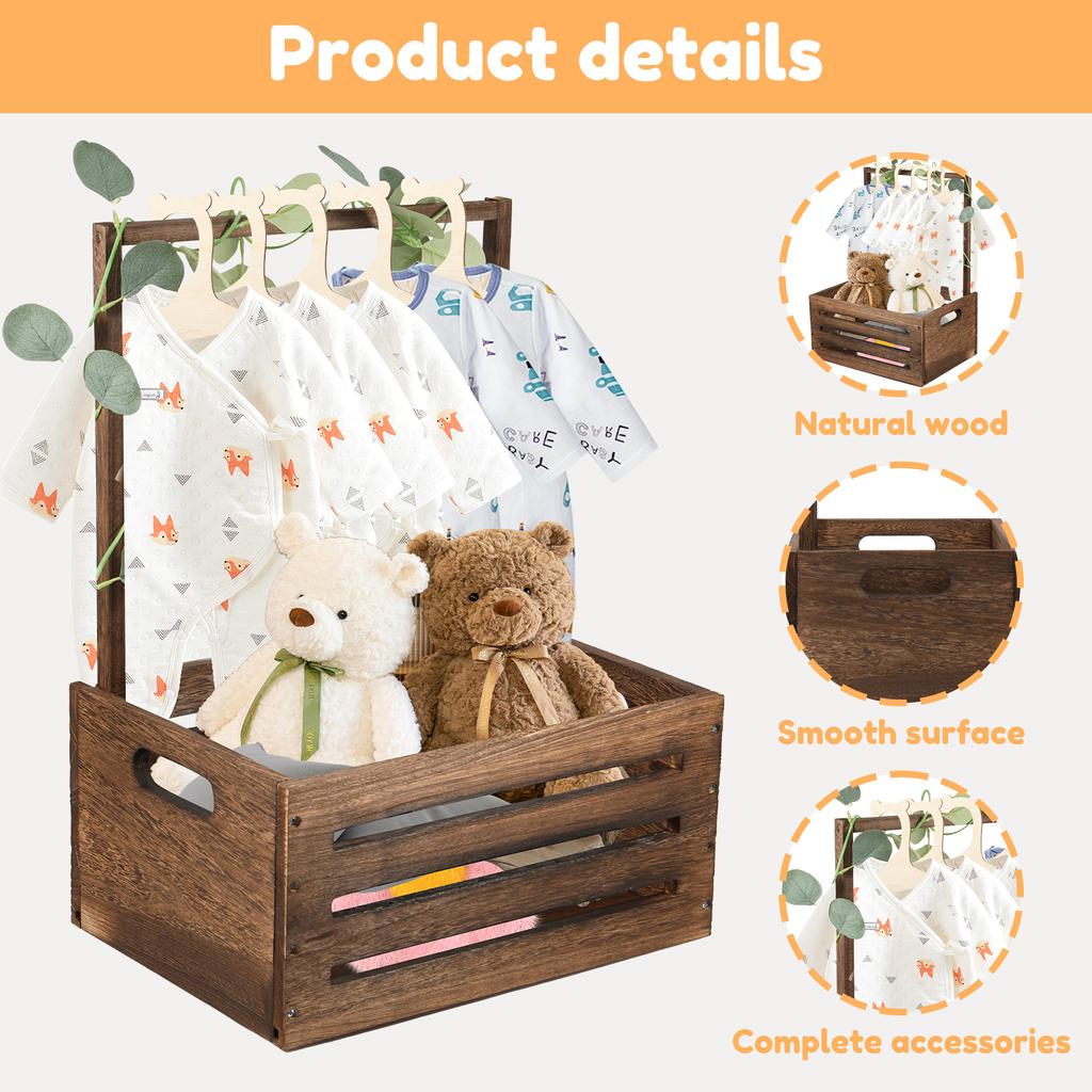 Baby Shower Crate Closet Thickened Wood Baby Shower Basket with Handle Hollow Out Baby Storage Crate with 5 Hangers and Wreath