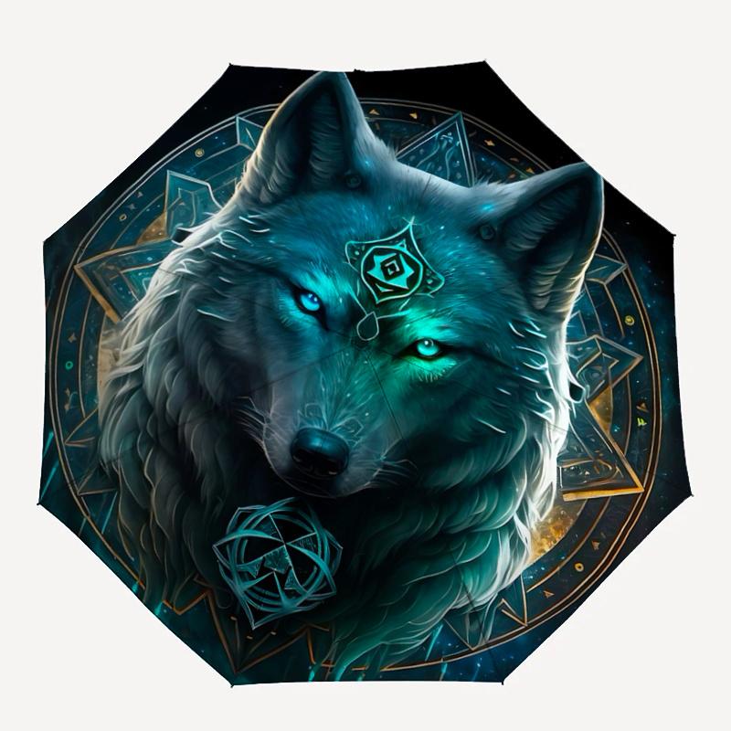 1 Stück Verzauberter Wolf Automatisches Öffnungs- und Schließschirm - Leichtes 3-fach Design, Geeignet für Fans, Reisen, Täglichen Gebrauch, Interessante Form, C