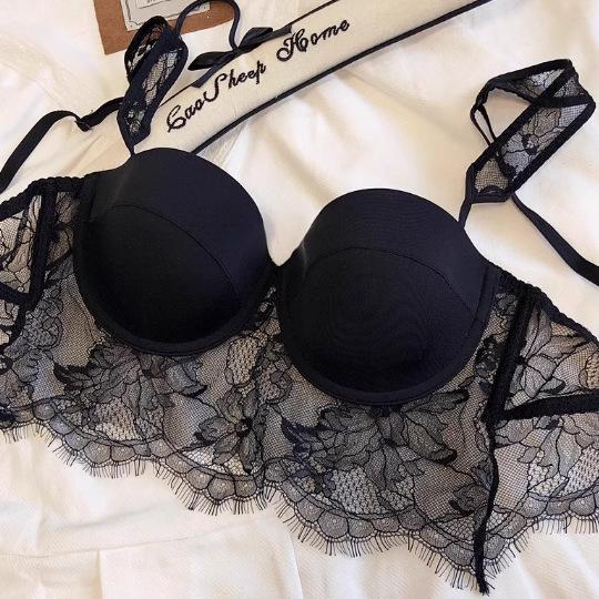 Big breasts show small underwear women's sexy pure lace lace bra thin cup soft steel ring side up support anti-drop bra
