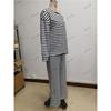 Women's 2Pcs Striped Casual Tracksuit Loose Long Sleeve Top + Wide Leg Pants Set