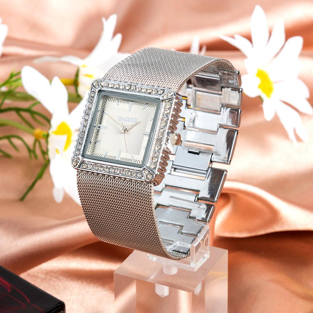 

Женские часы с квадратным серебряным сетчатым ремешком + модные кварцевые часы из сплава со стальным ремешком и инкрустацией бриллиантами +