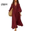 Comfortable Women Dress Women's Deep V Neck Maxi Dress, Puff 3/4 Sleeve Elegant Casual A-Line Flowy Loose Boho Beach Sundress Versatile