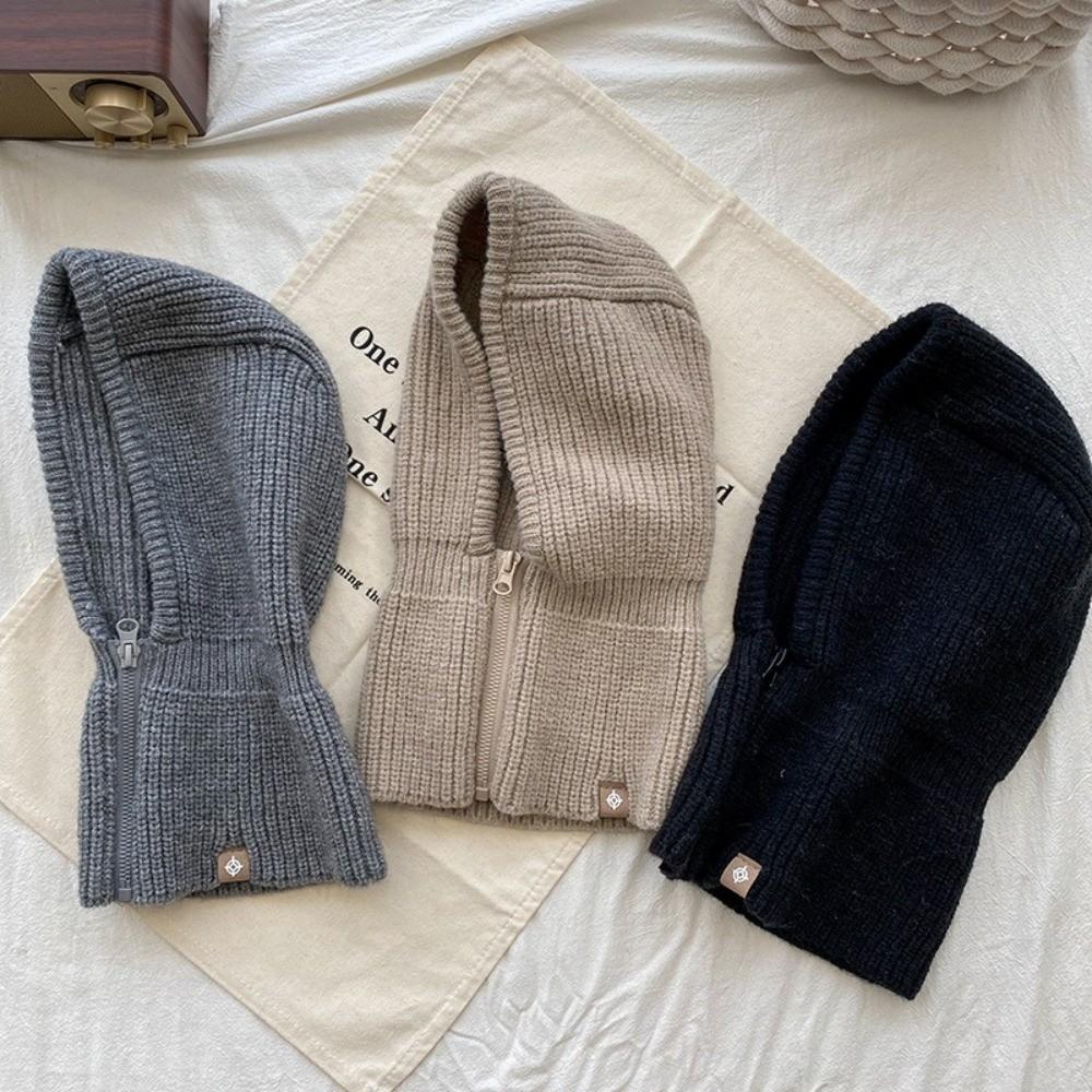Thickened Wool Knit Hood Hat with Zipper Neck Warmer Pullover Snood Snow Beanie Cap  Winter Outdoor