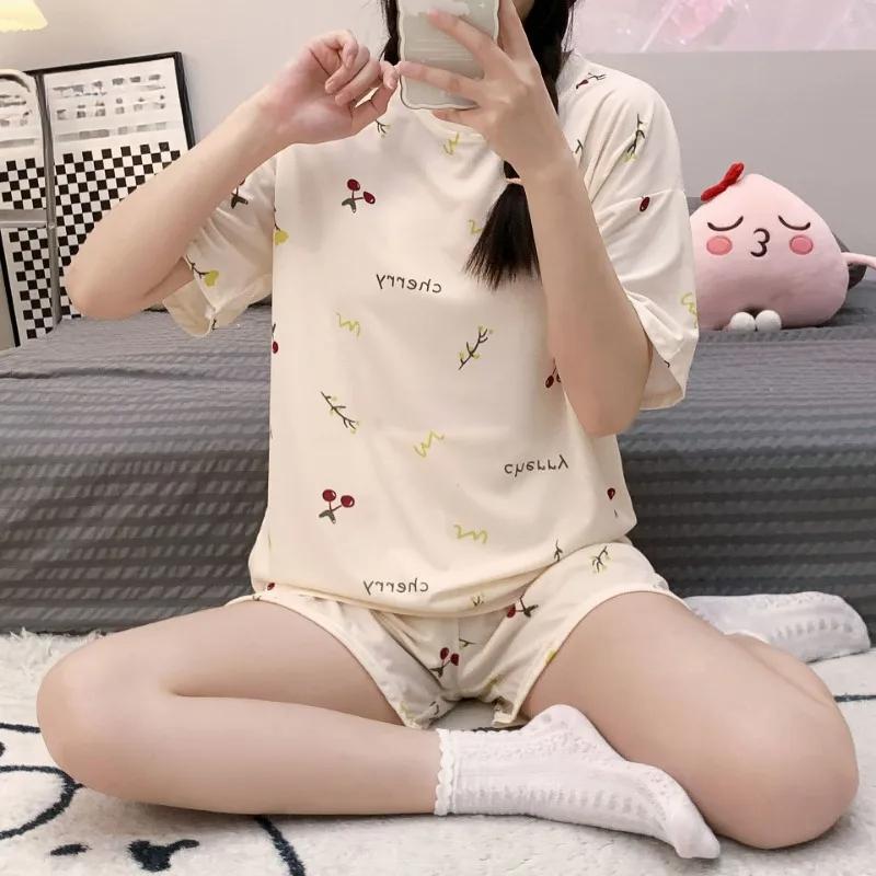 

Женские пижамы больших размеров с короткими рукавами и шортами, студенческая одежда для сна, комплект домашней одежды с круглым вырезом и принтом в виде мультфильма, ночная одежда для дома XXL