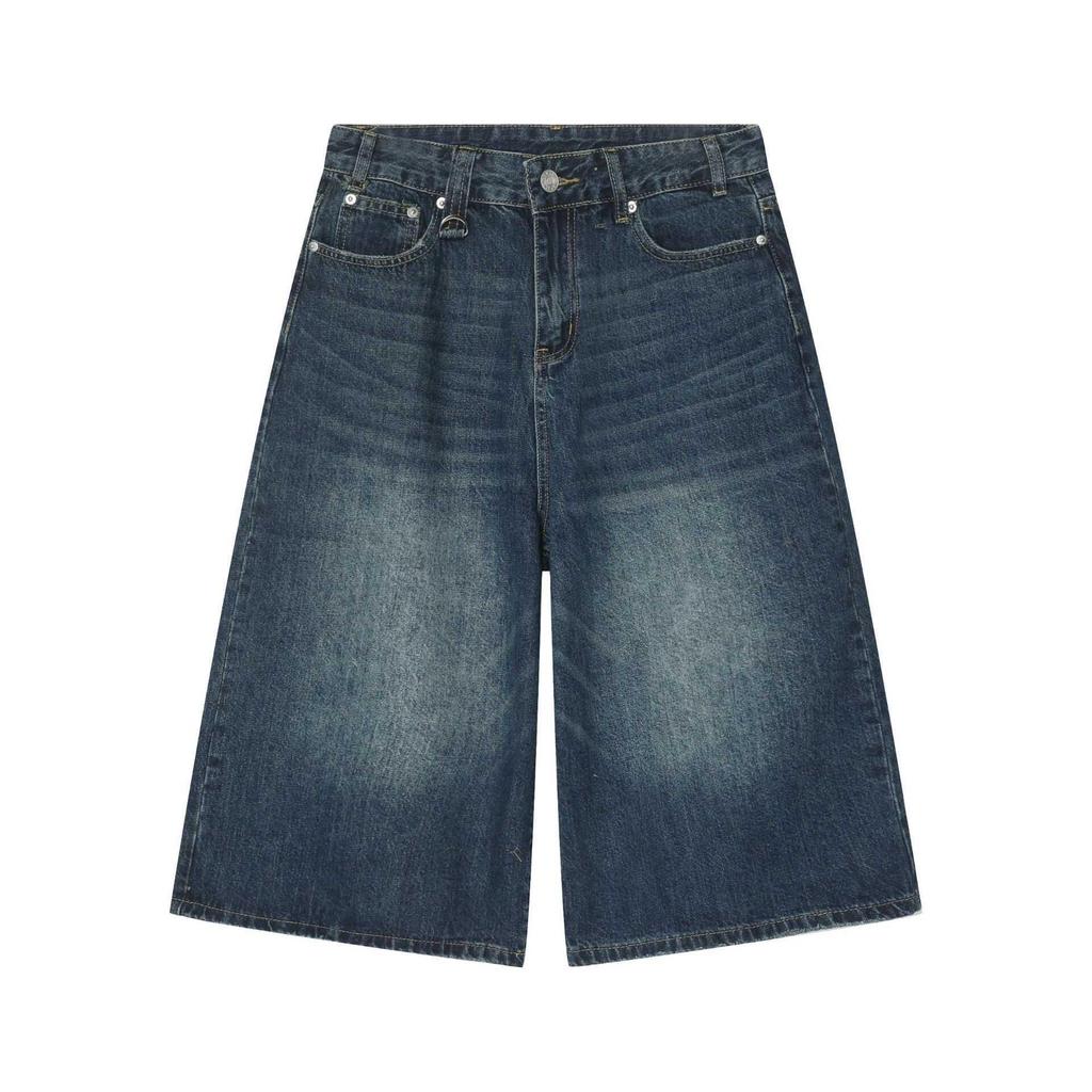 Unisex Retro Washed Wide-Leg Cropped Jeans Shorts