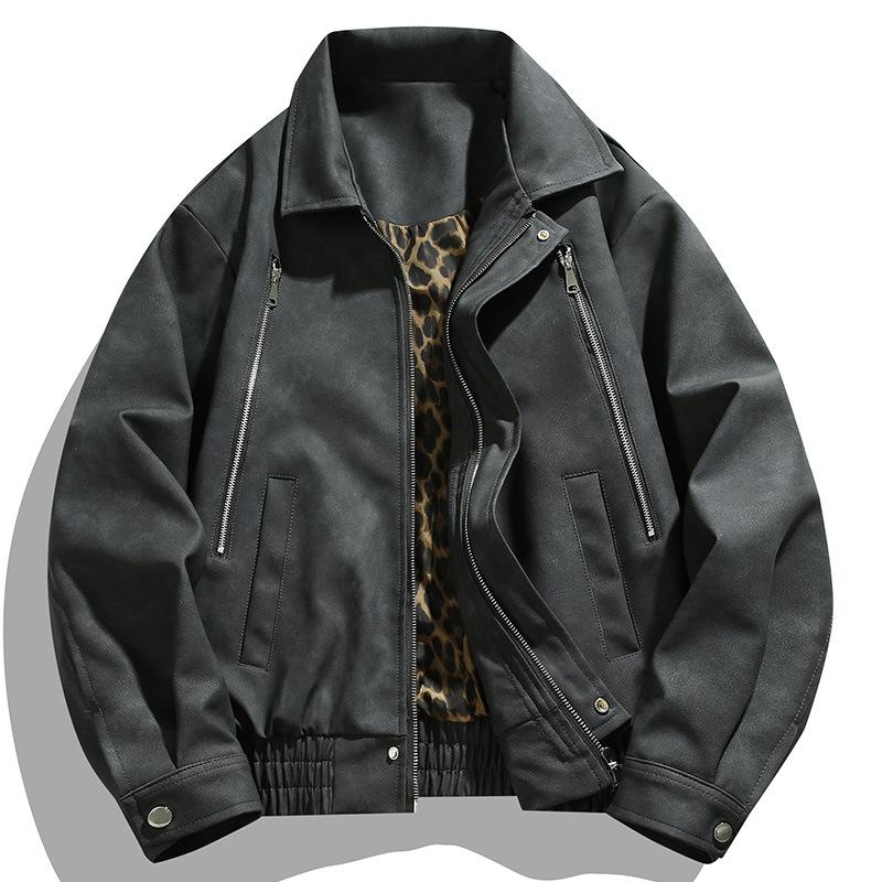 Men's Lapel Leather Jacket Men's Spring and Autumn New Zipper Vintage Cargo Cycling Motorcycle Jacket