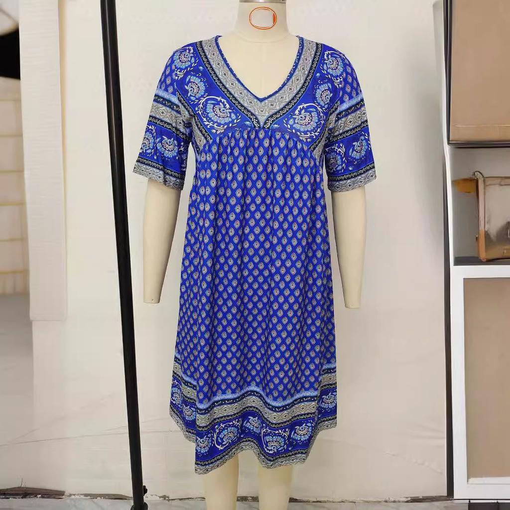 VEZFAA Damenmode Sommer Frühling Einfarbig Druck Kurzarm V-Ausschnitt Lose Taille Freizeitkleider