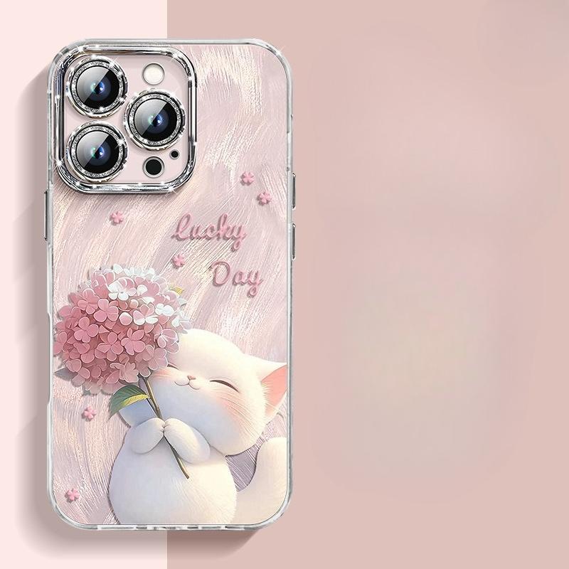 Cute Lucky Cat Hydrangea Glitter Phone Case, Aesthetic Protective Cover for iPhone apple 16