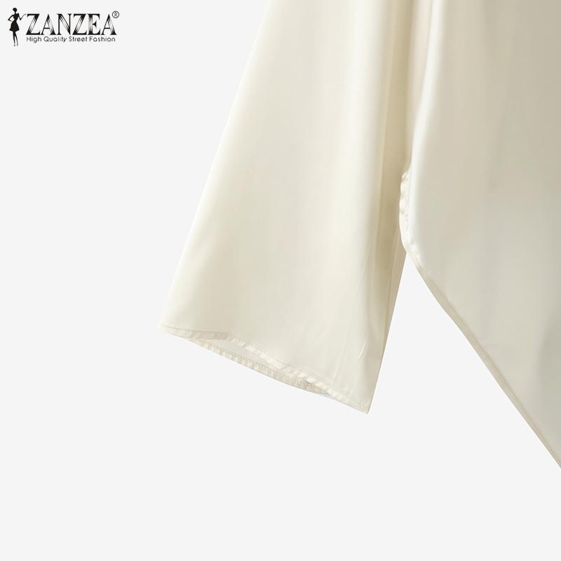 ZANZEA Dámské vintage saténové halenky s dlouhým rukávem a klopou a nepravidelným lemem