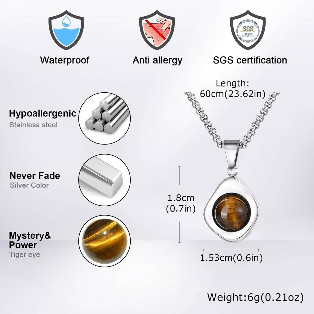 Vnox Tiger Eye Stone Irregular Pendant Neckalce for Men, Waterproof Stainless Steel Natural Stone Necklaces, Anniversary Gifts