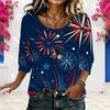 Women Plus Size Round Neck Half Sleeve Loose Fit Printed Blouse Red Blue White Star Print