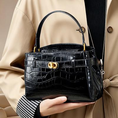 2025 New Genuine Leather Handheld Kelly Bag Crocodile Pattern Commuter Shoulder Bag for Women with Lock Small Square Bag