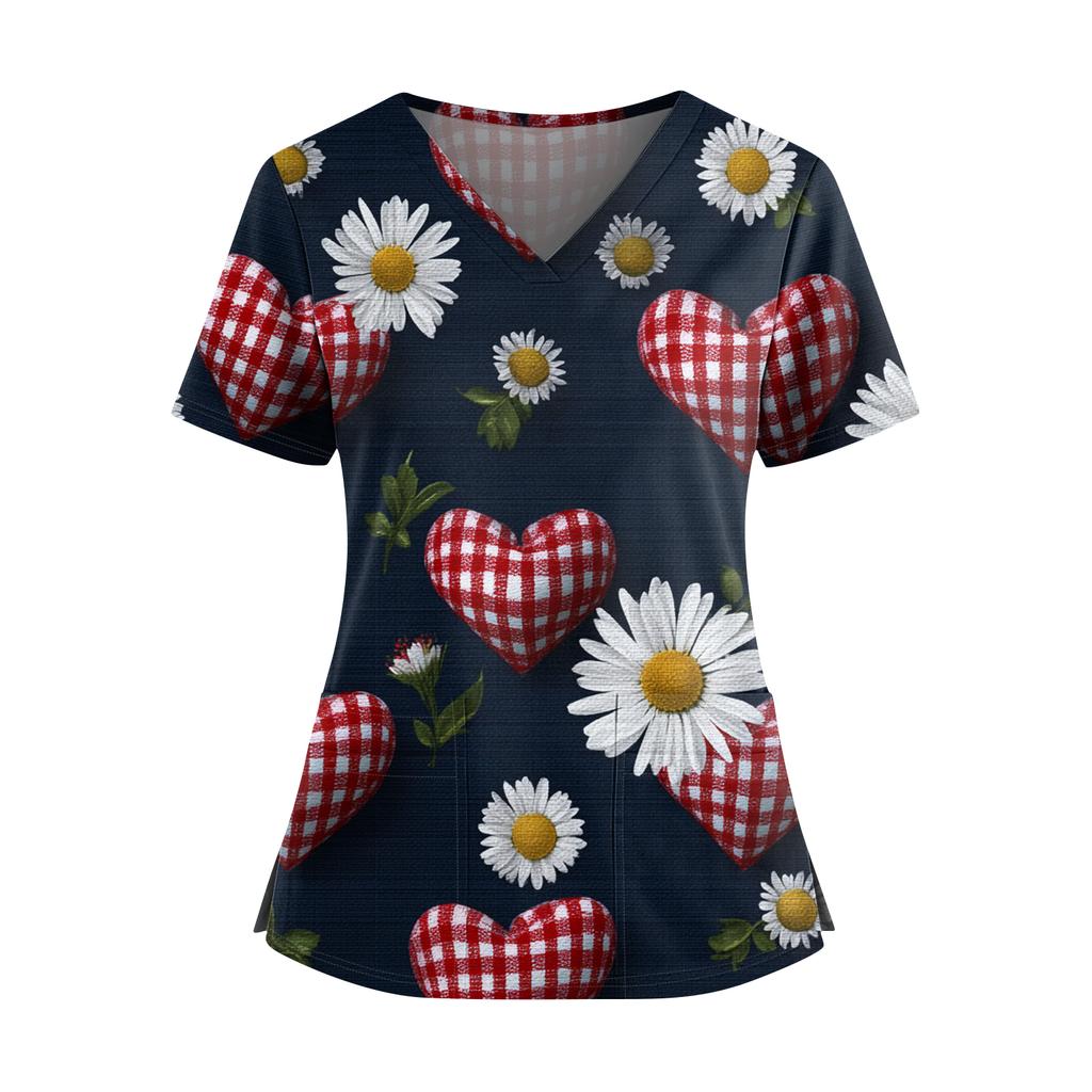 Women's Valentine's Day  Printed V-Neck Double Pocket Short Sleeves Hem Slit  Uniform Caregiver Top