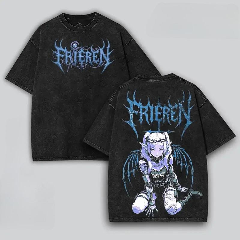 Gothic Yk Frieren Beyond Journeys End Tshirt Anime Washed Oversized T Shirt Men Women Clothing High Quality Cotton Tee Tops