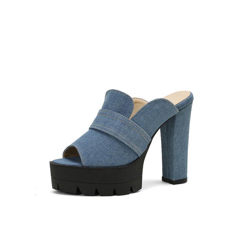 

Синие джинсовые босоножки на платформе, туфли на высоком каблуке, женские шлепанцы, новая модная летняя обувь, женские сандалии с открытым носком WSH5056 34
