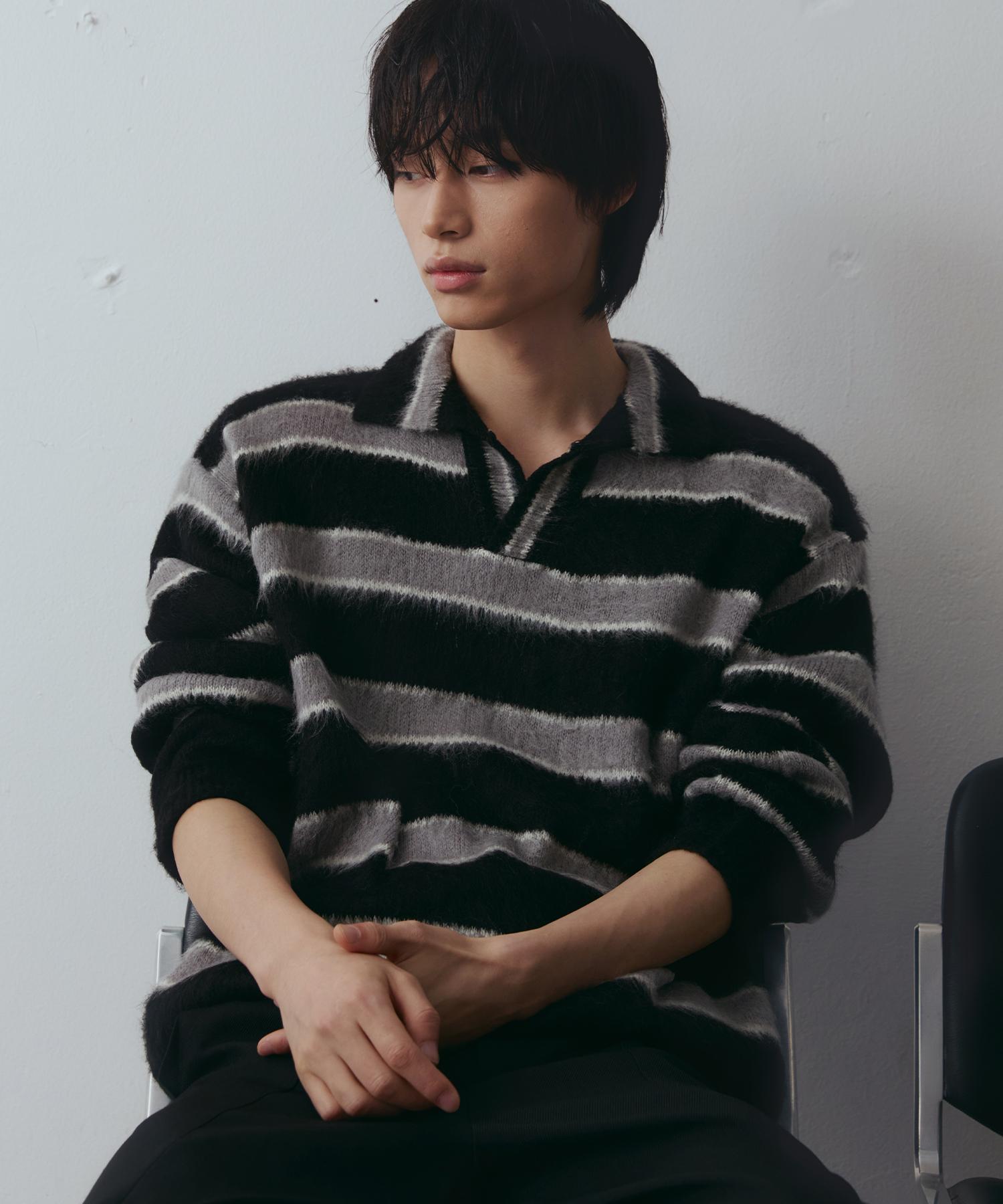 Nod You Open Collar Striped Brush Knit [Black] L