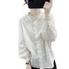 Damen Baumwollhemd mit langen Ärmeln, hoher Qualität, mit Spitzenkragen und Stickerei - Koreanischer Stil für Frühling & Herbst