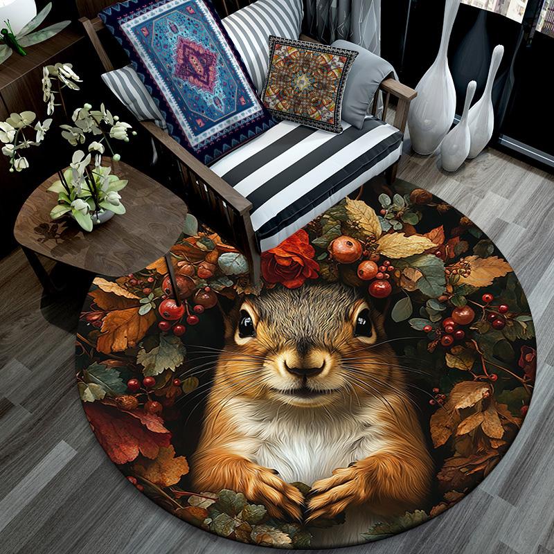 Herbst-Eichhörnchen Runder Teppich, Teppich für Wohnzimmer Schlafzimmer Sofa Spielzimmer Dekor, Rutschfeste Fußmatte