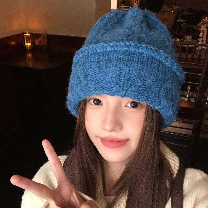 Women S Blue Knit Slouch Hat Winter Warm Thick Beanie Cap
