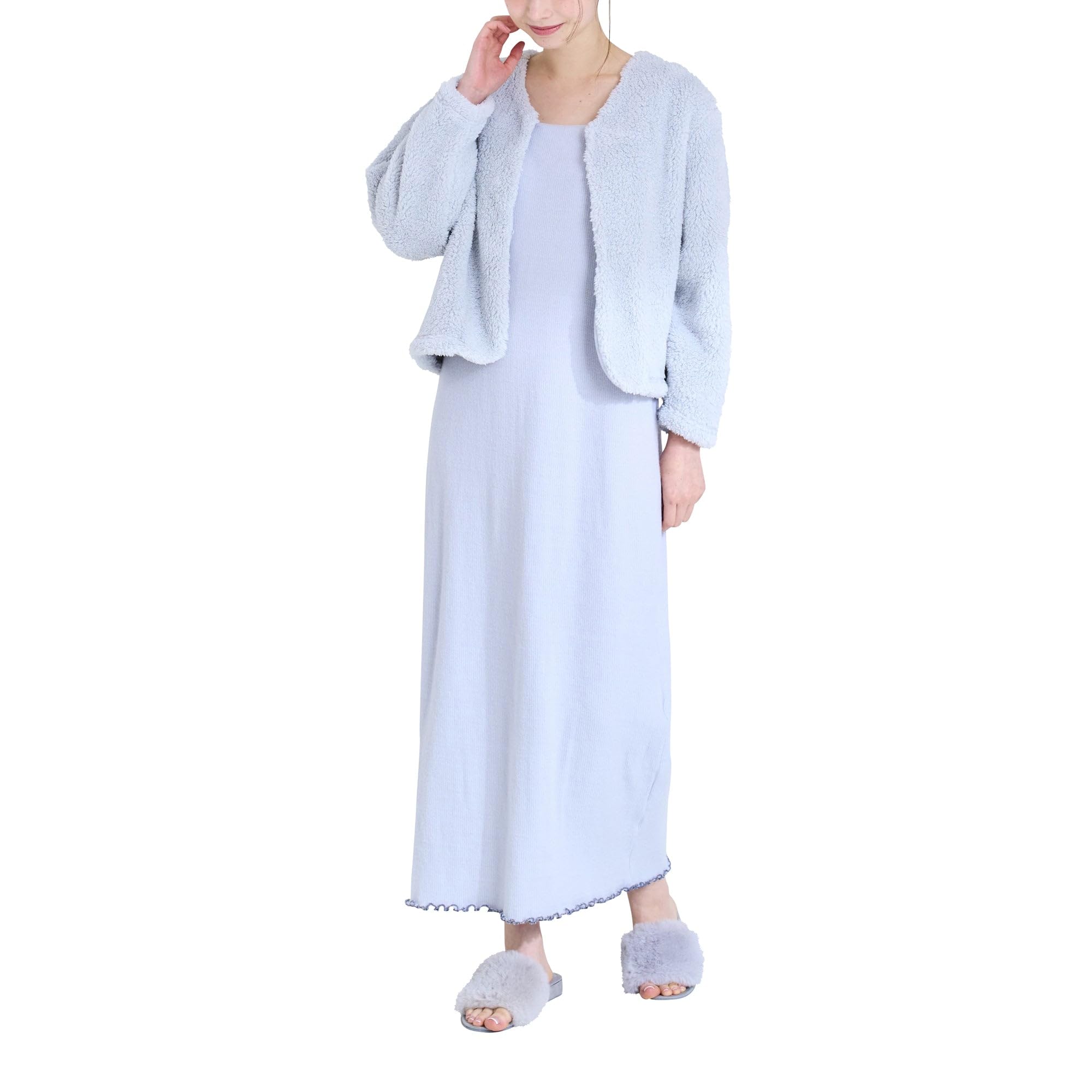 

Francfranc Fur Cardigan & Hyaluronic Acid Dress, Light Blue