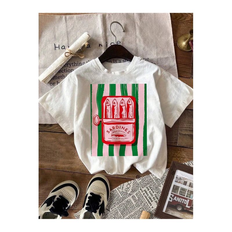 

Jhyf American Retro Vintage Niche Style Fun Hand Drawn Fish Print Fashion Sexy Loose Short Sleeve T-Shirt Women White S