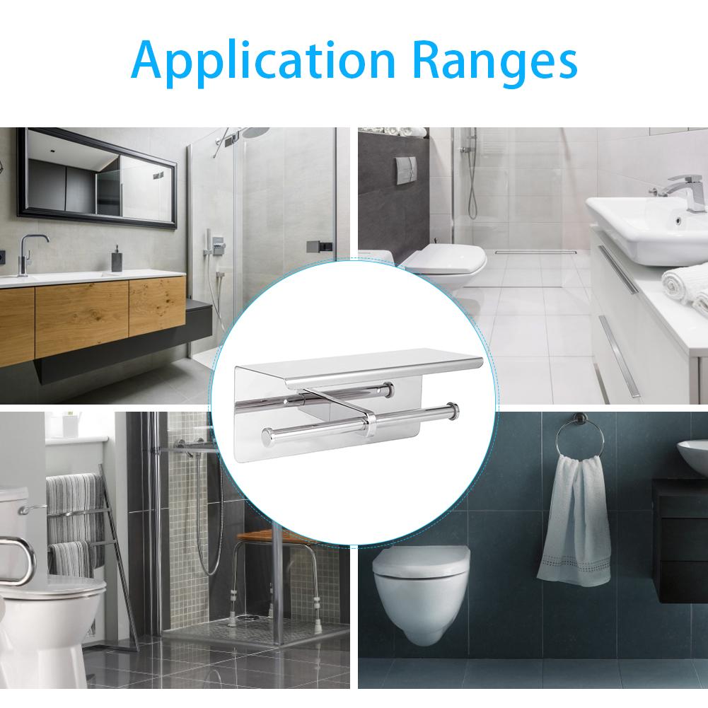 Double Toilet Paper Holder Stainless Steel Paper Rack Phone Storage Shelf Bathroom Use
