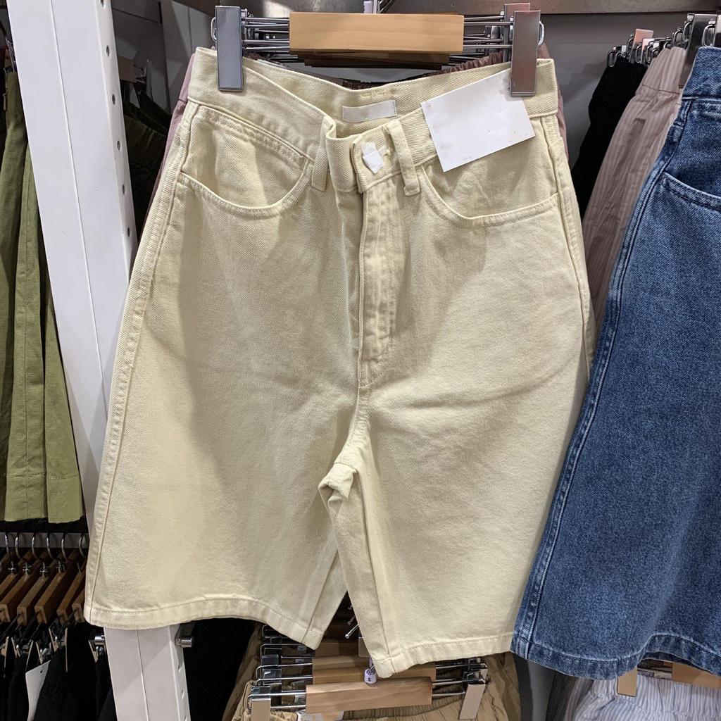 Japanese Women's Washed Denim Bermuda Shorts, Mid-Length Straight Leg, Spring/Summer Collection, Style 25.