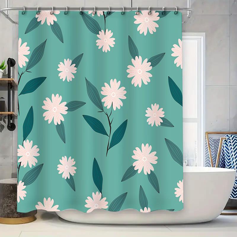 Blumenmuster Duschvorhang Dekor Badezimmer Wasserdichtes Stoffdekor Heimdekorationszubehör Grün mit Rosa Blumen Si