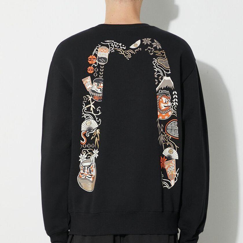 Evisu FW23 Kumadori Daruma Large M Print Logo Round Neck Pullover Long Sleeve Sweatshirt Men Sweatshirt Black 2EAHTM3SW1080RXCT
