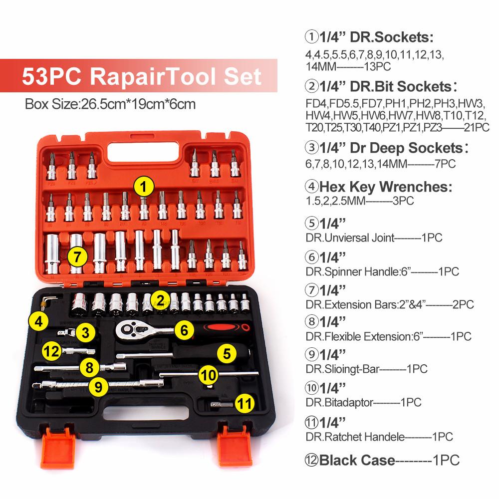 Car Repair Hand Tools Set Auto Repair Tool Kit 1/4” 3/8" Socket Wrench Set Metric Tool Kit For Car Motorcycle Bicycle