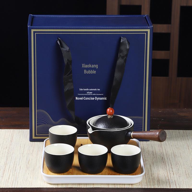 Portable Ceramic Kung Fu Tea Set with Bag – Includes One Pot, Four Cups, and Side Handle for Outdoor or Car Use