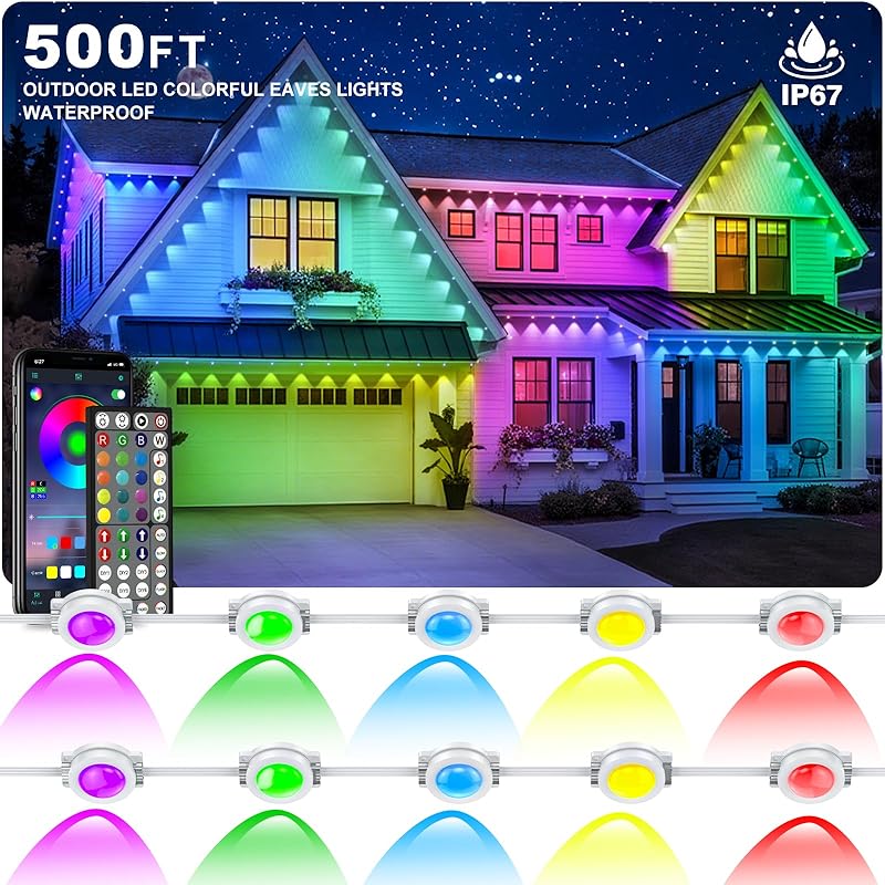 Permanent Outdoor Lights,200FT RGB Eave Light,IP67 Waterproof Lighting for House,Smart LED with App/Remote Control for Outdoor Decor,Garden