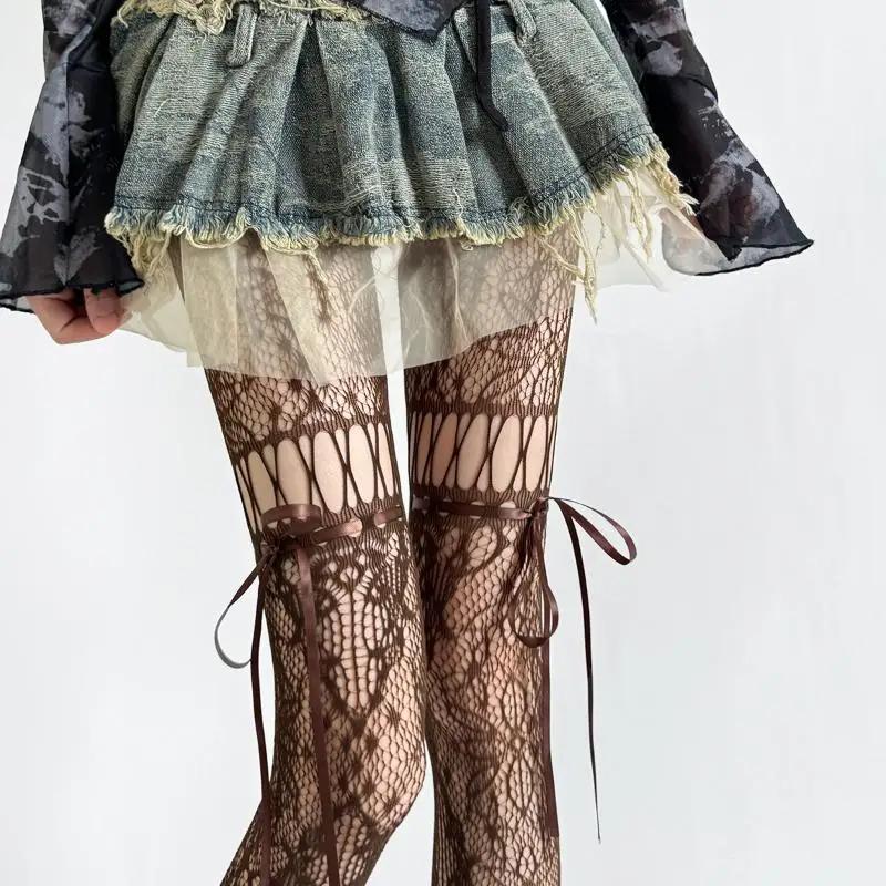 Hollow Lace Mesh Stockings with Bow Tie Pantyhose Lolita Retro Floral Vine White Black Purple Blue Grey Stockings for Women