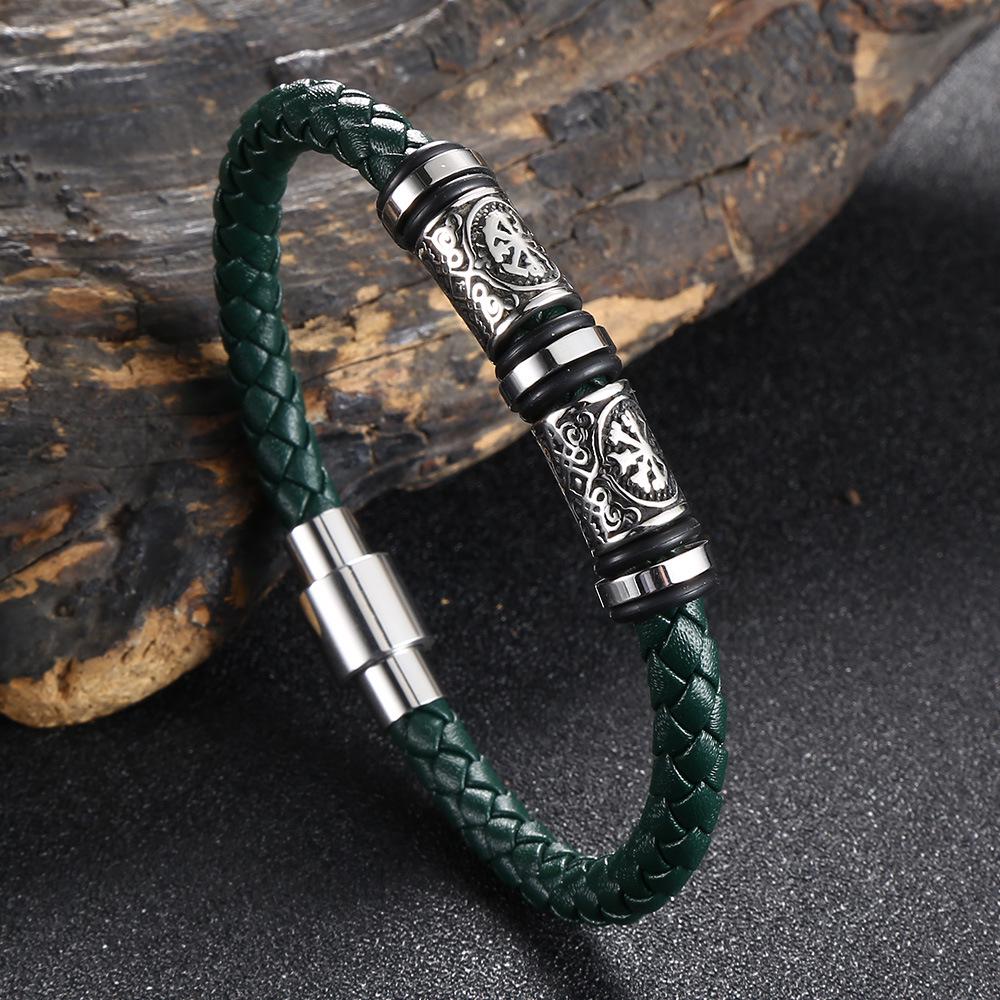 Trendy European-American Woven Leather & Stainless Steel Bracelet