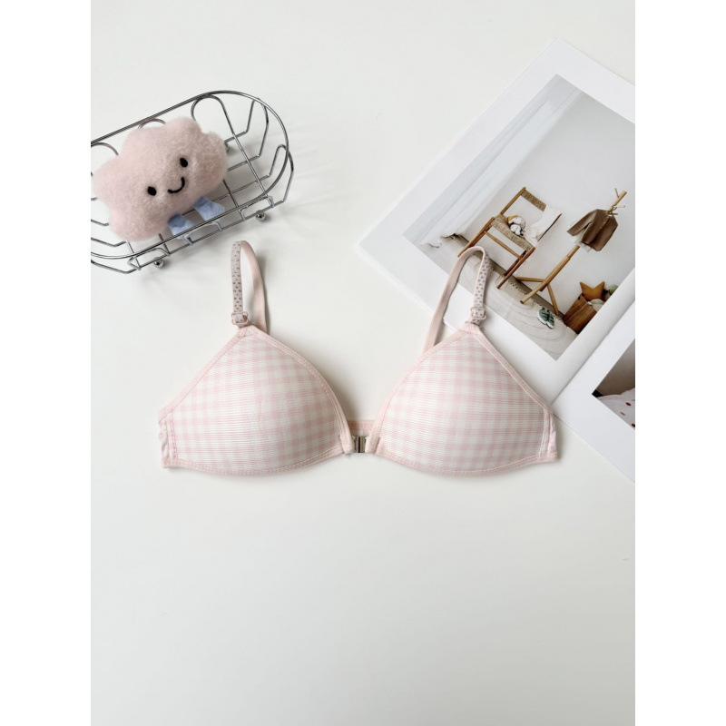 Japanese Girls Plaid Contrasting Color Front Buckle Underwear Women's No Steel Ring Small Breasts Gather and Show Big Upper Support Sub-breasts Bra
