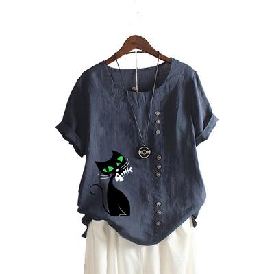 Women Fashion Print Blouses Summer Round Collar Short Sleeve T-shirt Ladies Casua Loose Blouses Plus Size Tops