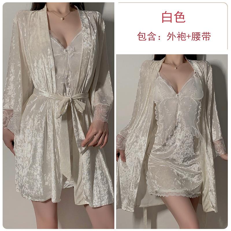 Women's Plus Size Velvet Padded Cami Sleep Dress with Robe Lounge Set