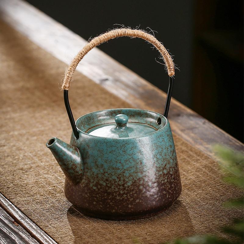 Rope Handle Ceramic Teapot Retro Style Gongfu Teapot Natural Jute Rope & Pottery No-Scald Design Daily Brewing Companion