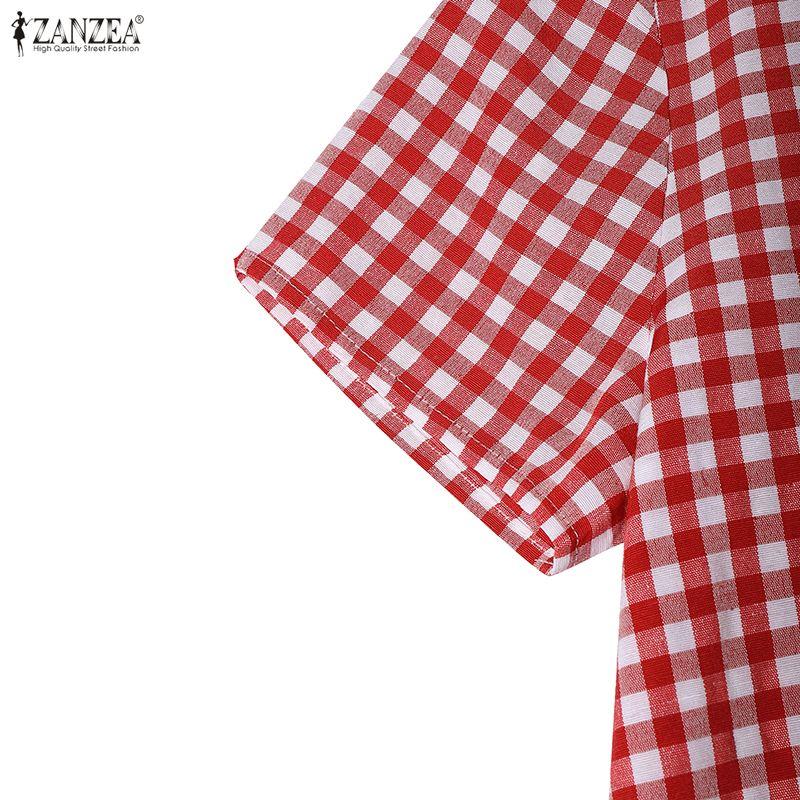 ZANZEA Women Casual V-neck Summer Grid Print Short Sleeve Dress