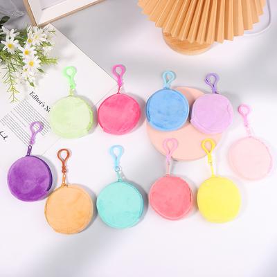 Porta-moedas redondo de pelúcia cor doce para mulheres, fofo, cor sólida, porta-moedas para troco, carteira, chaveiro, portátil, bolsas para guardar fones de ouvido
