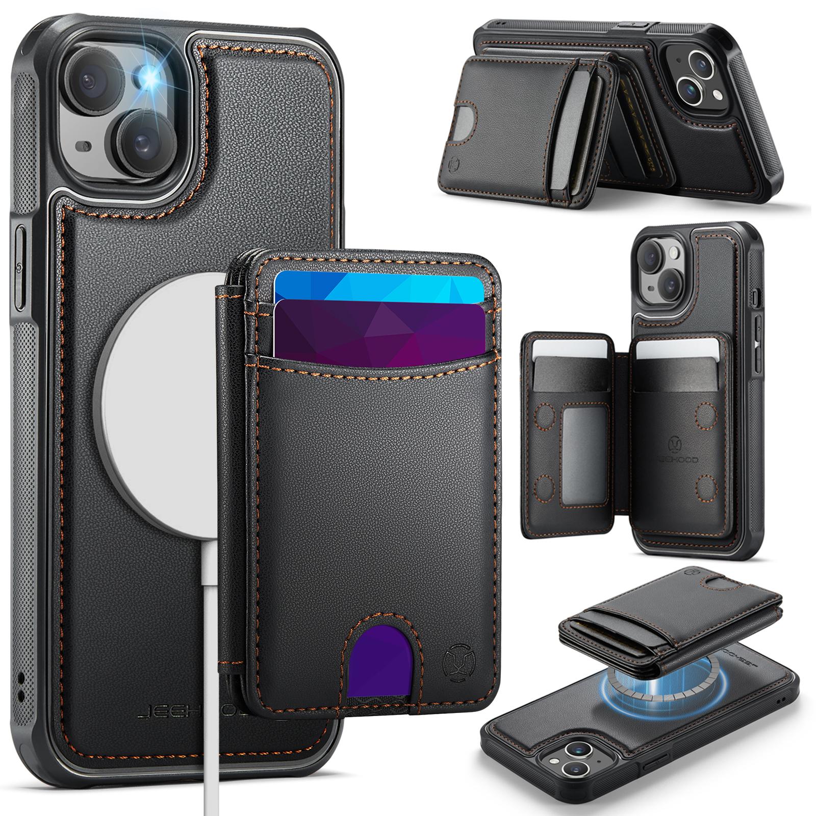 

For iPhone 14 Case JEEHOOD J10 Compatible with MagSafe Leather Back Phone Cover with Detachable Card Holder Kickstand