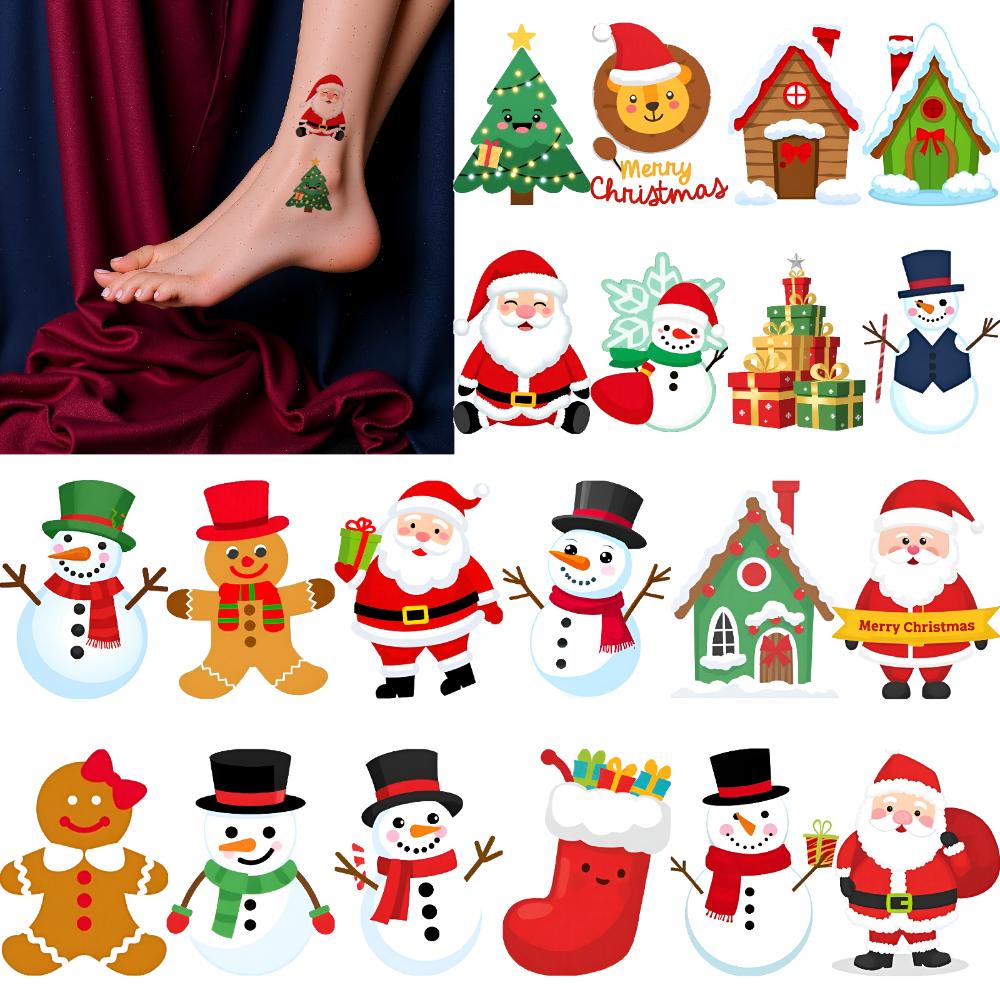 54pcs Temporary Tattoo Christmas Stickers Temporary Tattoo Stickers Snowman Labels Holiday Decals Cartoon Santa Claus Stickers