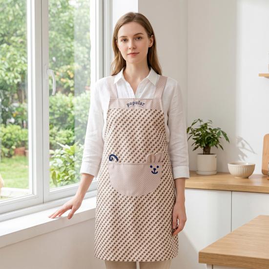 Plaid Bib Apron with Rabbit Embroidery Pocket Waterproof Oil-Proof Kitchen Apron for Cooking Baking