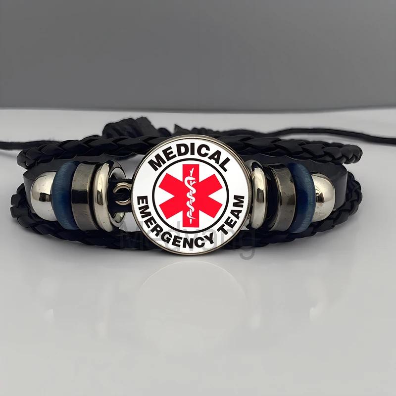 

Классический кожаный браслет с логотипом экстренной медицинской помощи, черный шарм, многослойный, плетеный в стиле панк, ручная работа, медицинская команда L93-8