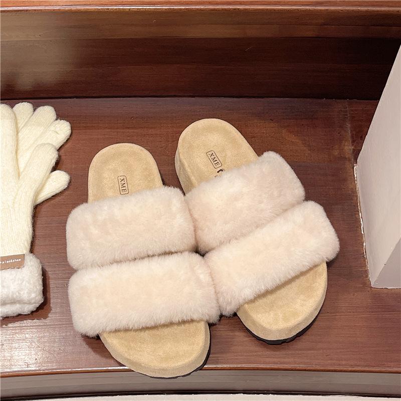 

Женщины, носящие пушистые тапочки осенью 2025 года, новые нежные ретро-повседневные тапочки на толстой подошве с увеличением высоты, хлопковые мопы с одним ремешком 40 бежевый