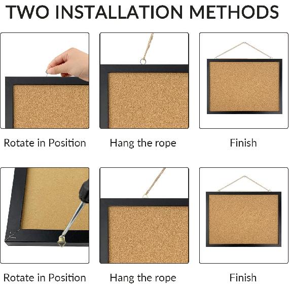 GDMINLO 2 Pack Black Cork Bulletin Board, 14.6"X 11" Cork Board, Oak Wood Finish Frame, Wall Mounted Board for Office Home and School(P, Eye Bolts,