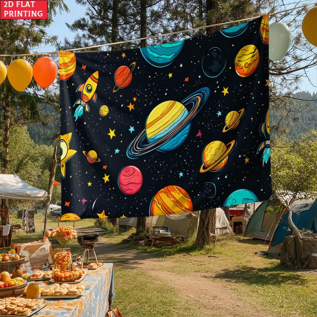 2D Flat, 1Pc Cartoon Solar System Planets Rocket Stars Wall Tapestry Kids Room Outer Space Theme Decor Art Print For Children