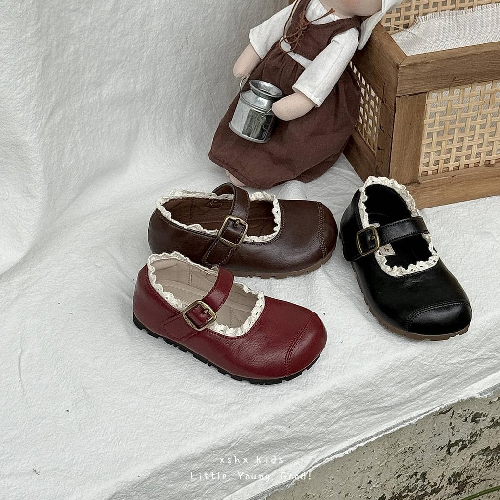 XSHX Vintage Children's Wide Show Shoe Head Mary Jane Leather Shoes Princess Lace French Medieval Autumn Wenzhou Girls