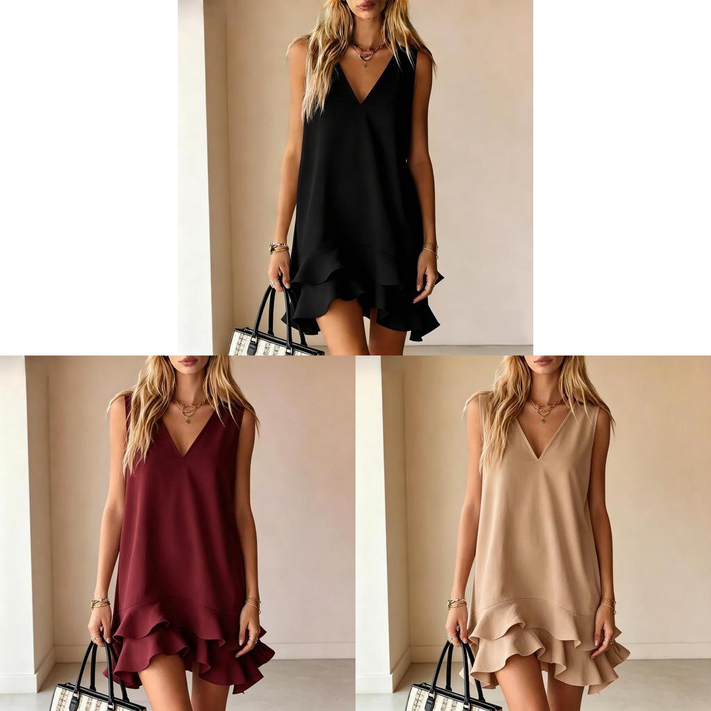 Casual Sleeveless V Neck Dress With Ruffle Hem For Summer Comfort