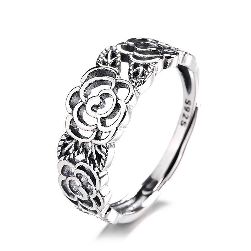 925 Sterling Silver Rose Pattern Vintage Open Ring